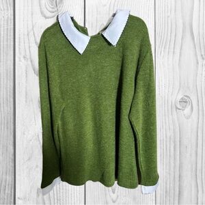 Anthropologie Freeway Olive Sweater with Crisp White Collar Preppy size 3 XL